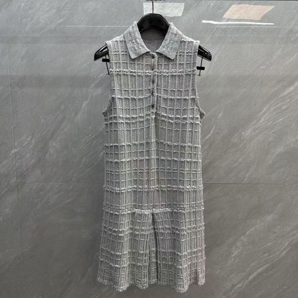 Thom Browne Style Gray Tweed Jacquard Sleeveless Polo Dress