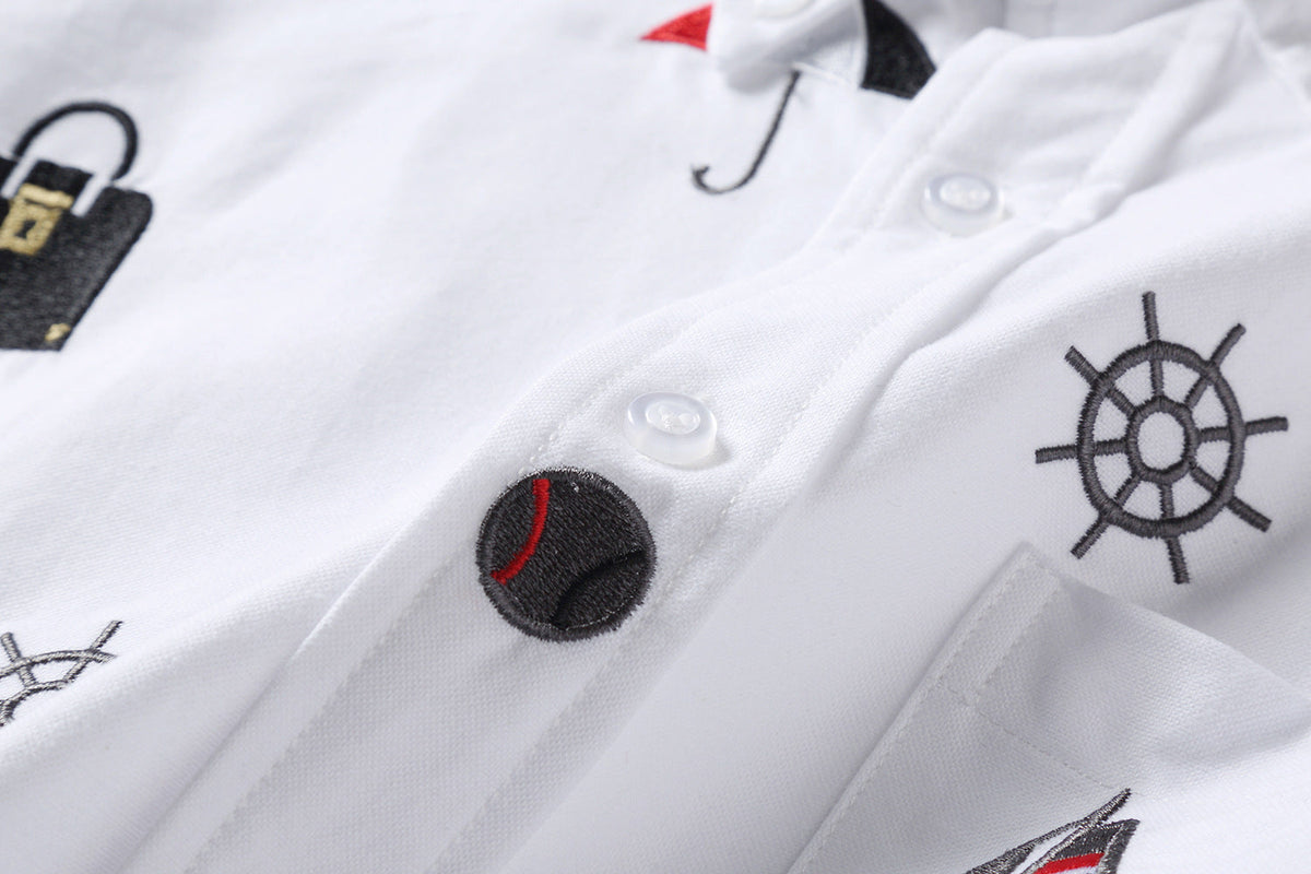 Men's Nautical Print Long-Sleeve Shirt — White & Blue | Thom Browne