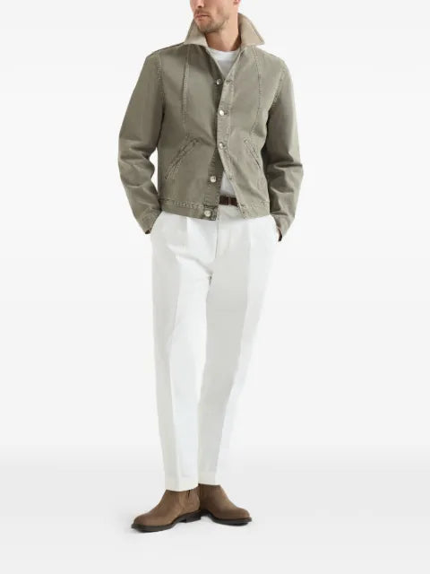 Brunello Cucinelli garment-dyed outerwear jacket in denim with leather collar