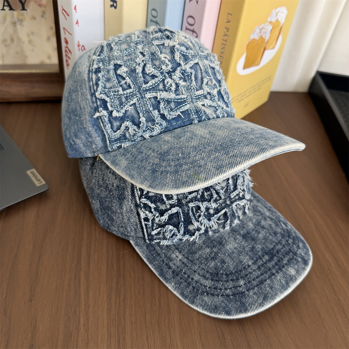 Frayed Cross Denim Washed Vintage Baseball Cap Streetwear Multi‑Style