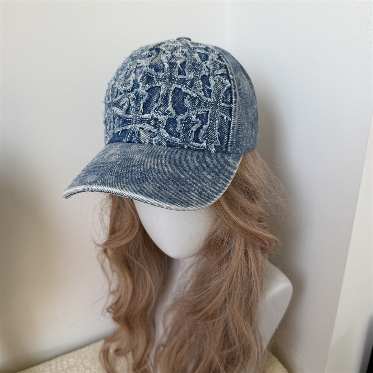 Frayed Cross Denim Washed Vintage Baseball Cap Streetwear Multi‑Style