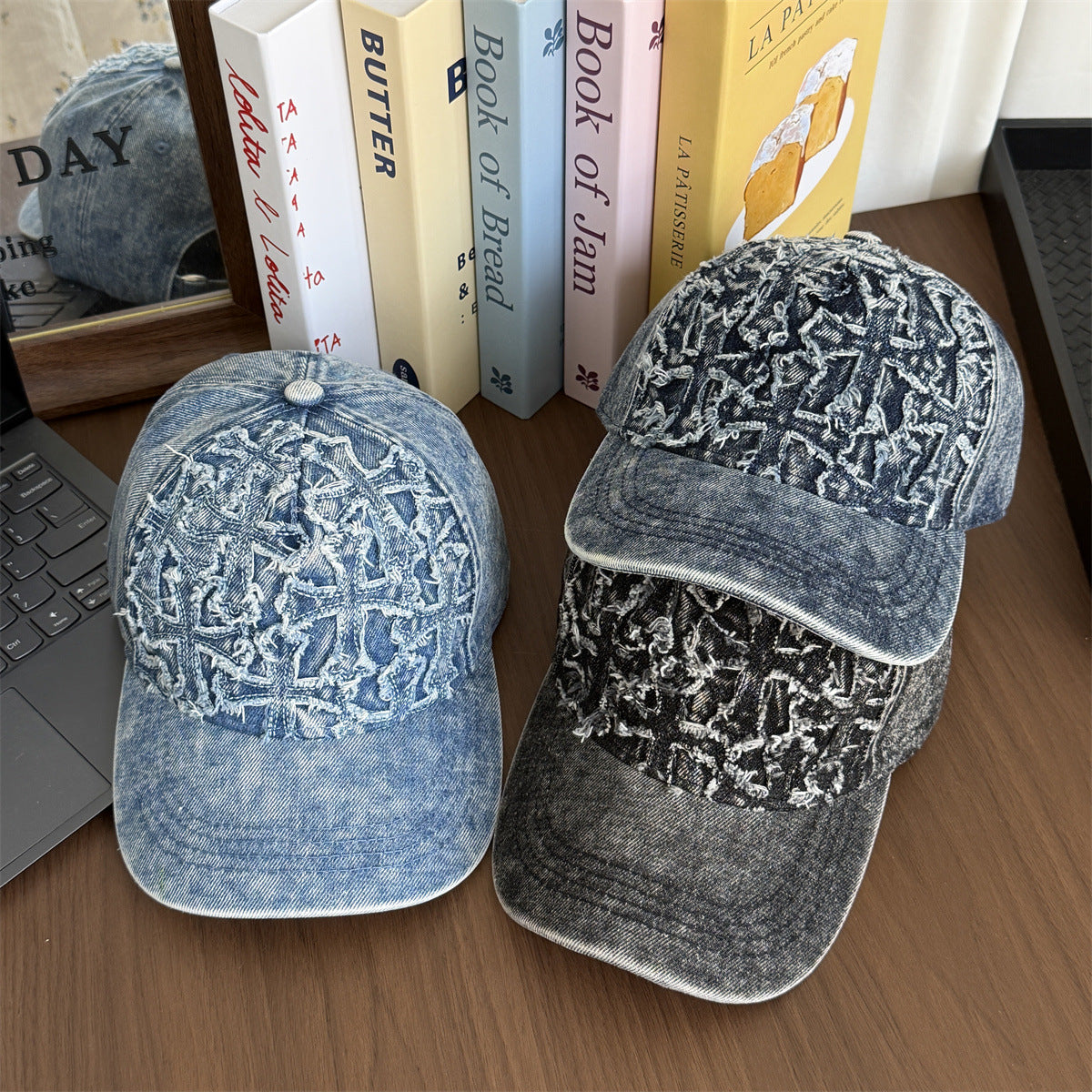 Frayed Cross Denim Washed Vintage Baseball Cap Streetwear Multi‑Style