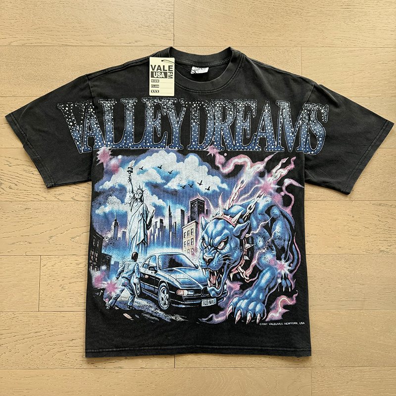 VALE USA Washed Black Rhinestone Graphic T-Shirt