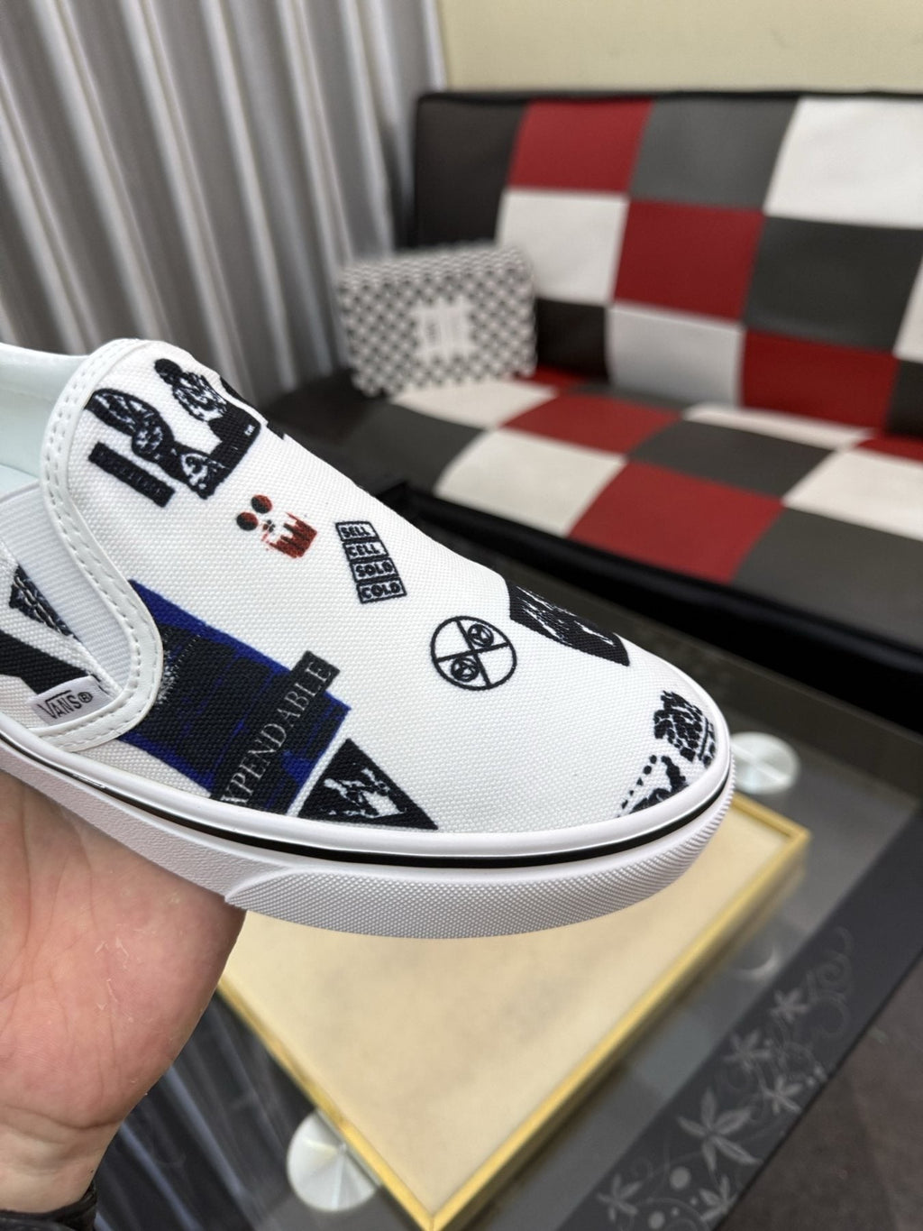 White Graphic Print Slip-On Shoes