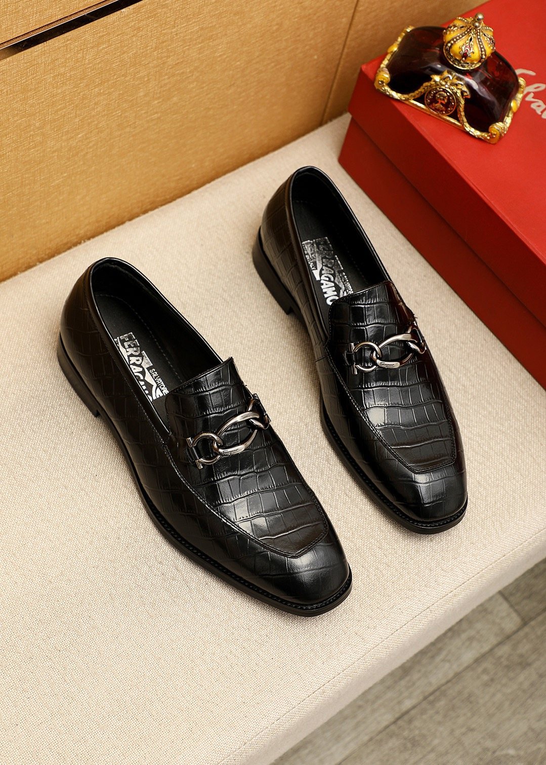 Ferragamo Black Embossed Bit Loafers - Stacked Heel