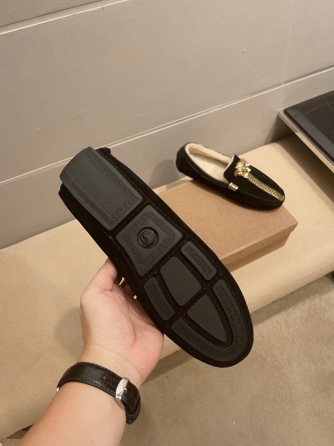 Versace Men's Black Gold-Detail Slip-On Shoes