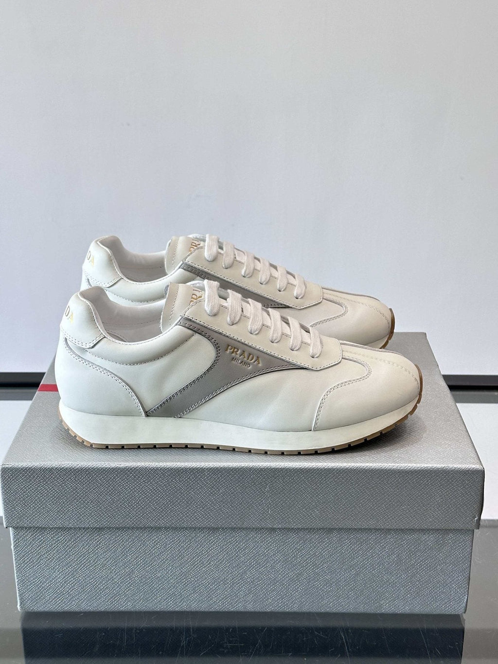 Prada Men's White and Light Gray Sneakers