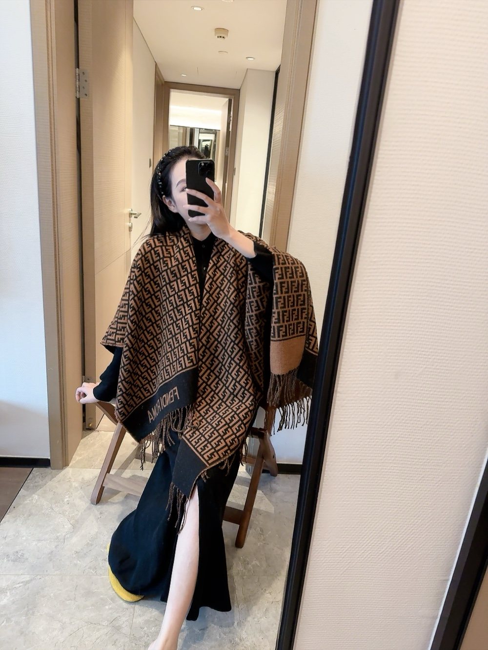 Fendi Brown and Black Fringed Cape