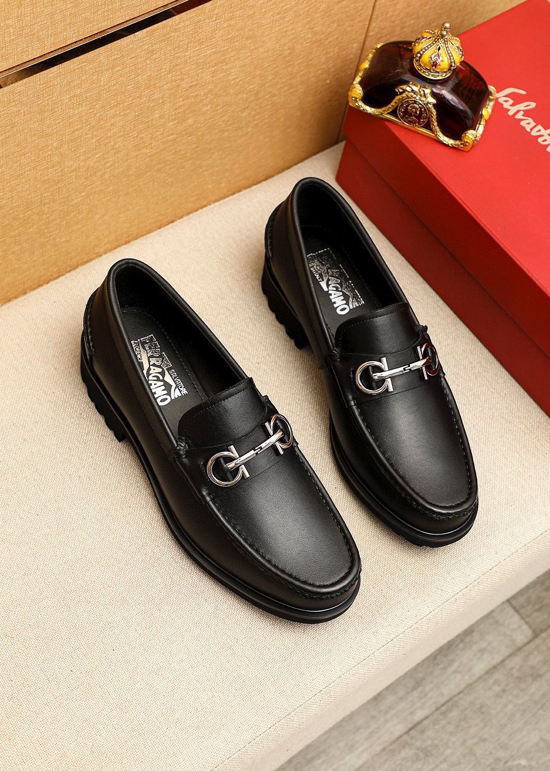 Ferragamo Black Metal-Hardware Loafers