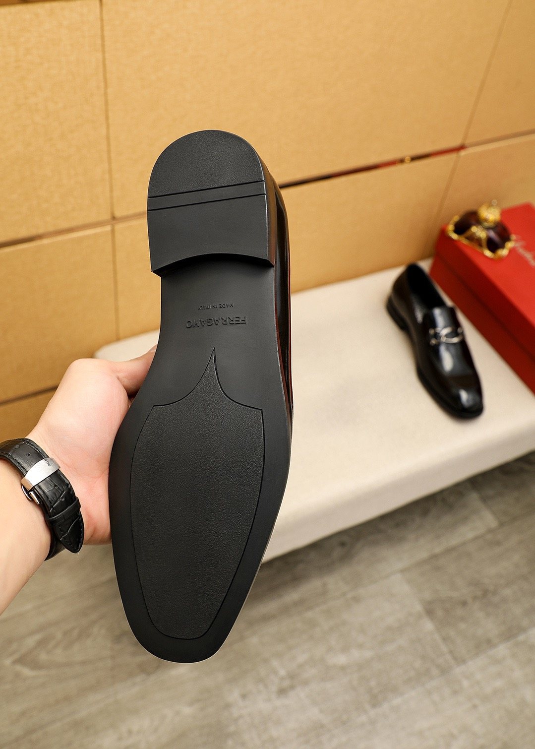 Ferragamo Black Metal-Accent Loafers - Rounded Toe