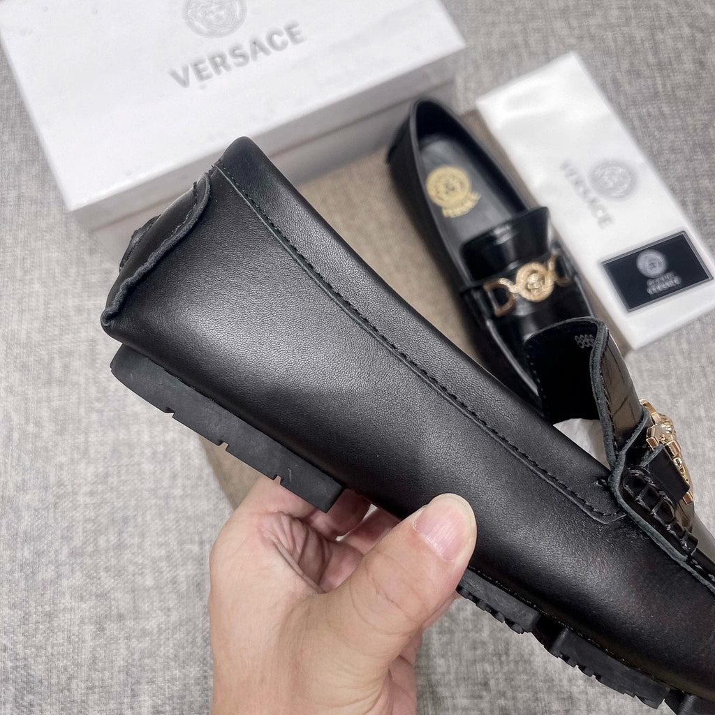Versace Men's Black Gold-Tone Hardware Loafers - Stitched Toe Detail