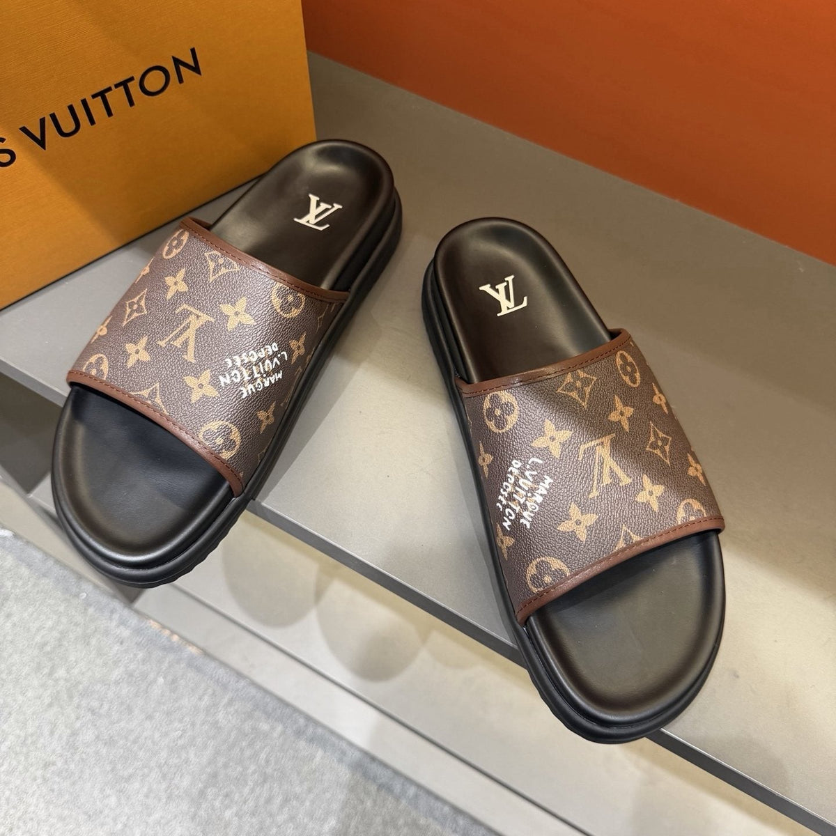 Louis Vuitton Monogram Slide Sandals - Black Footbed And Sole