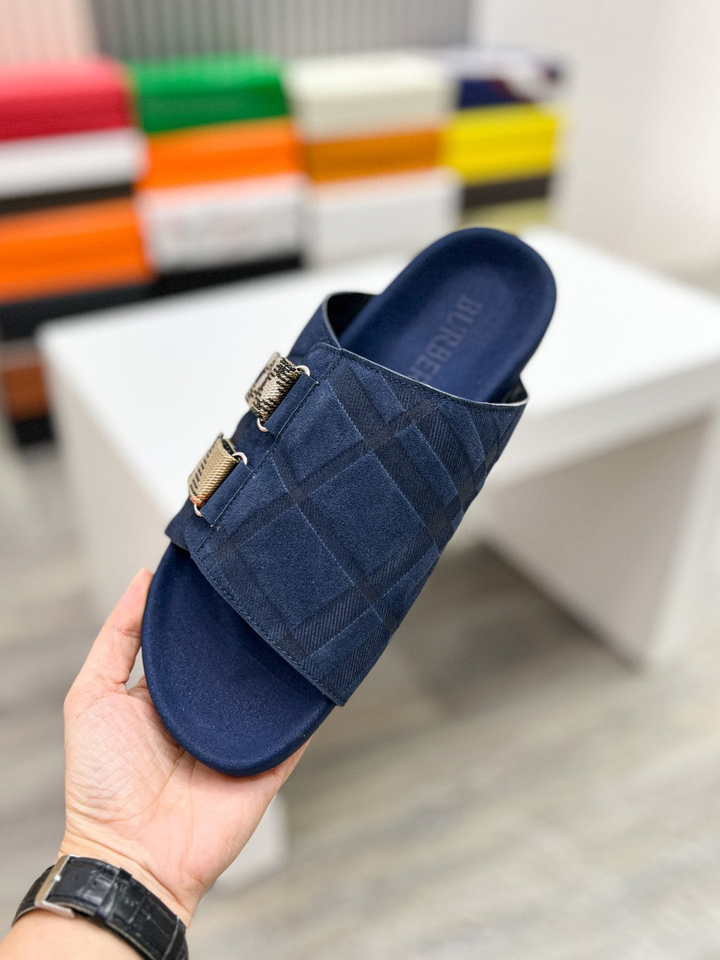 Burberry Navy Check Buckle Slide Sandals